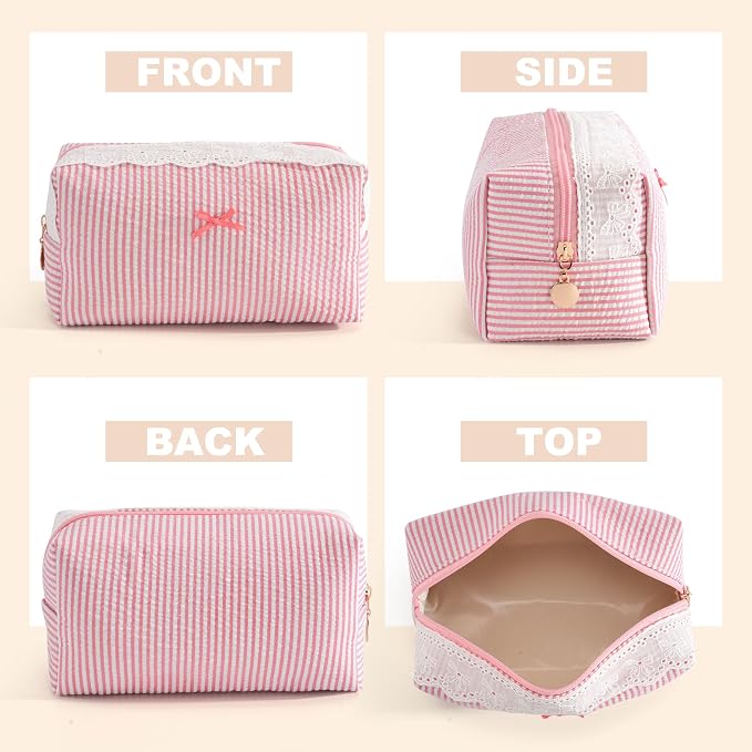 Makeup Bag Travel Toiletry Bag for Women, Small Cosmetic Bags with Lace Trim Cute Blush Stripe Aesthetic Organizer Makeup Pouch for Purse Emergency Bag Pencil Case Accessory Bag