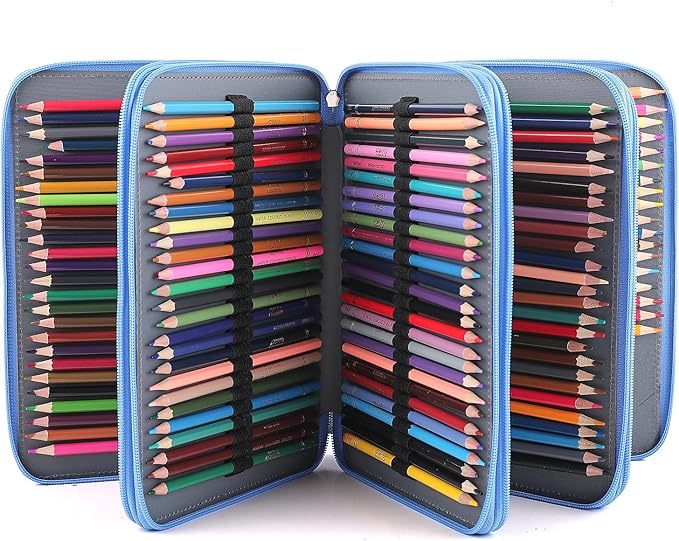 Vomgomfom 200 Slots Pencil Bag, 4-Layer Zipper Portable Art Supply Organizer, PU Leather Large Capacity Colored Pencil Case with Handle for 200 Watercolor Pens, Gel Pens (Blue Flower)