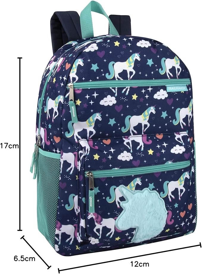 Trail maker 17” Kids Character School Backpacks Plush for Girls with Side Pockets, Padded Straps