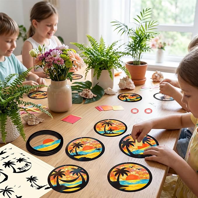 Renbuzhu 48PCS Summer Crafts: Paper Tropical Palm Tree Suncatchers DIY Kits, Window Stained Glass Effect Art Supplies for Hawaiian Luau Tiki Beach Party Favors