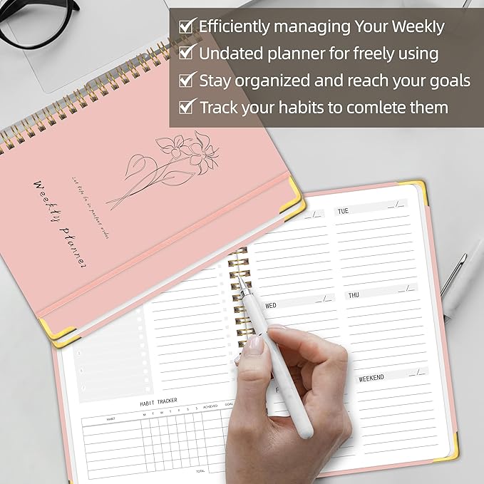 Undated Weekly Planner, Weekly To Do List Notebook with Goal & Habit Tracker Organizer, A5 5.8" x 8.0" Weekly Planner Notebook with Spiral Binding for Men or Women