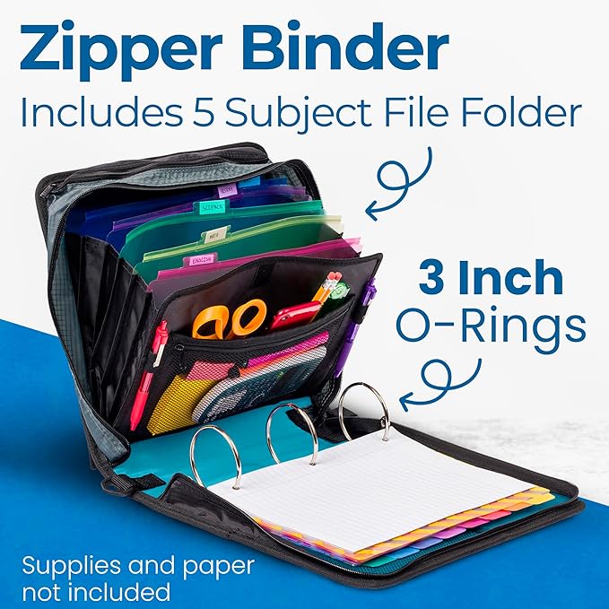 Case-it Mighty Zip Tab School Zipper Binder | 3-Inch O-Rings, 600-Sheet Capacity, 5-Subject Expanding File Folder, Multiple Pockets & Storage Organizer, Shoulder Strap | D-146 Teal
