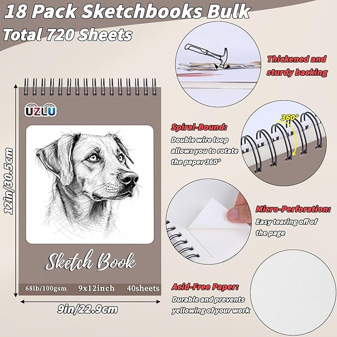 18 Pcs Sketch Book Bulk 9 x 12 In 720 Sheets Top Spiral Bound Sketch Pad Drawing Paper 40 Sheets Each Acid Free Mixed Media Sketchbook 68lb/100gsm Art Supplies for Beginner Artist