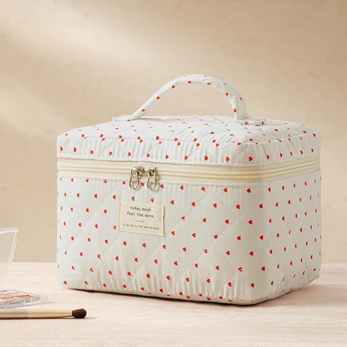 HBselect Quilted Makeup Bag, 3Pcs Cotton Large Travel Makeup Bags Organizer | Cute Floral Make up Bag Cosmetic Bag Toiletry Bag for Women Girls, Makeup Pouch for Skincare, Brushes & Travel Essentials