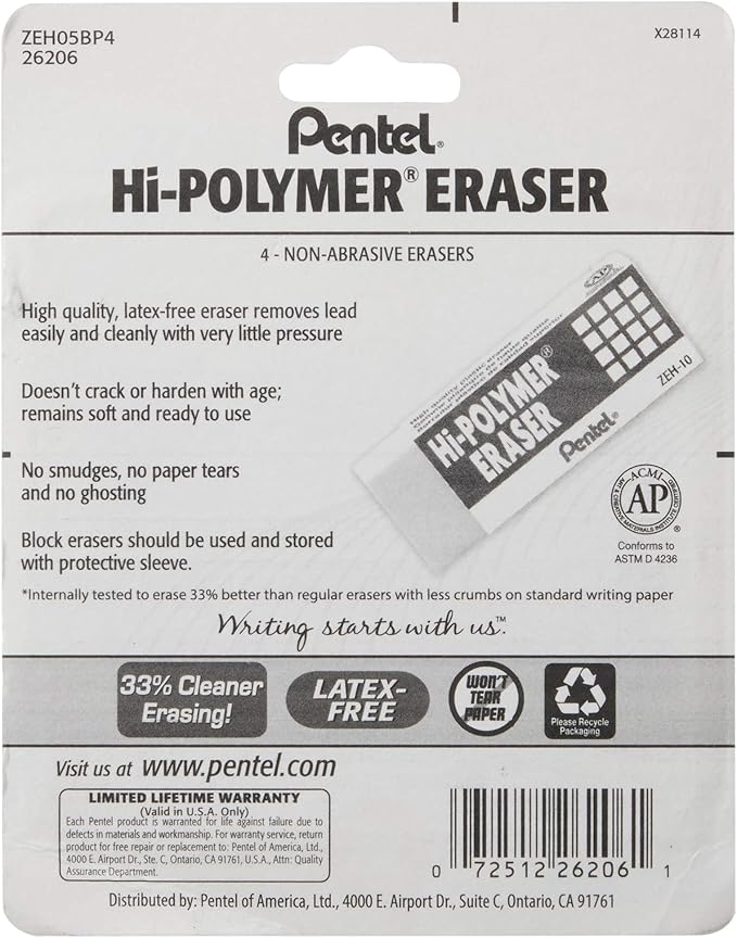 Pentel Hi-Polymer Block Eraser, Small | White | Pack of 8 | ZEH05BP4