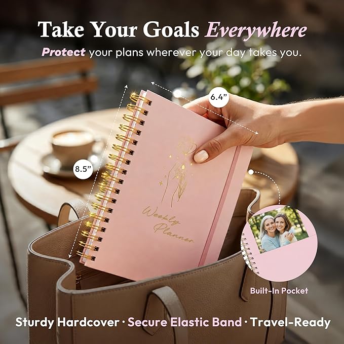Undated Weekly Planner & Notebook for Work, School & Home — Aesthetic Hardcover Spiral Blank Planner with Habit Tracker, Goal Organizer & To Do List — 124 No-Bleed Pages, 6.4×8.5", Pink