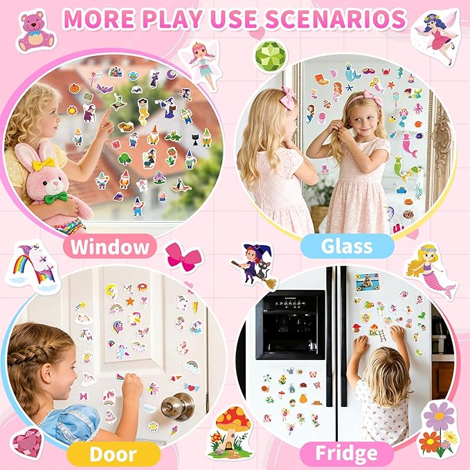 3 Sets Reusable Sticker Book for Toddlers 3-6, Jelly Sticker Books for Toddler, Travel Sticker Activity Toys for Kids 3 4 5 6 Years Old Girls & Boys(Princess+Mermaid+Elves World)
