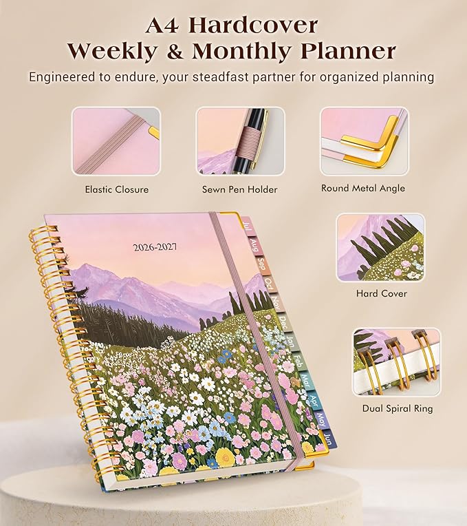 Academic Planner 2026-2027, Hardcover Weekly and Monthly Calendar Planner from July 2026 - June 2027, 8.5" x 11" A4 Large Daily Agenda with Tabs, College School Organizer for Student Teacher, Wildflower Mountainside
