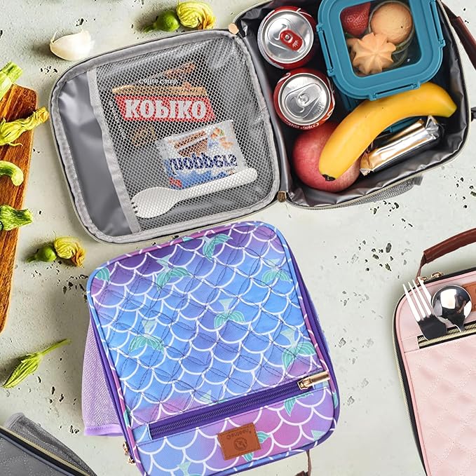 Genteen Kids Lunch Box Insulated Soft Mini Cooler with Bottle Holder, Lightweight Reusable Easy-Clean Lunch bag for Girls, Boys Back to School-Mermaid