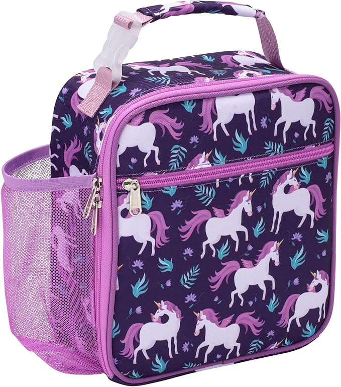 Bagseri Kids Lunch Box for Girls - Insulated Toddler Lunch Bag Fits Bento Box, Reusable Daycare Cooler Tote with Clip Handle, Water-Resistant Lining, Deep Purple Unicorn