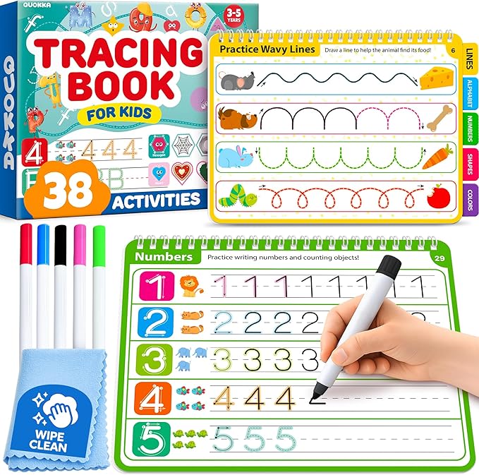 QUOKKA Tracing Books for Kids Ages 3-5 – Reusable Dry Erase Activity Books for Kids Ages 3-5 - Writing Practice Workbook with Markers Quiet Time Travel Learning