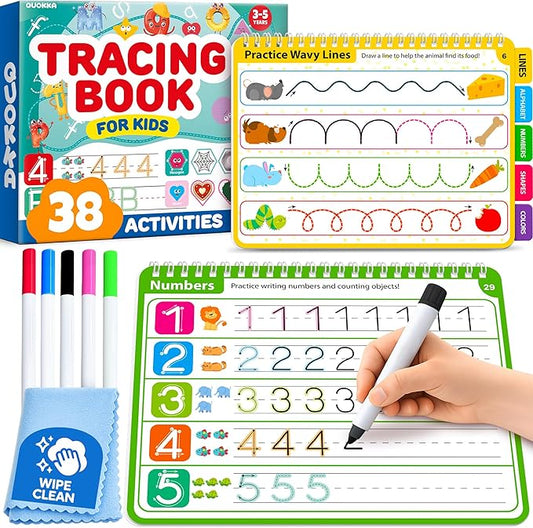 QUOKKA Tracing Books for Kids Ages 3-5 – Reusable Dry Erase Activity Books for Kids Ages 3-5 - Writing Practice Workbook with Markers Quiet Time Travel Learning