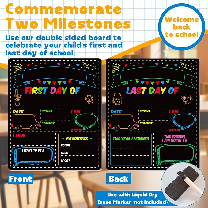 First and Last Day of School Board, Paper Back to Class Chalkboard for Kids | 10 X 12 IN Double Sided First Day of School Board, Blank Writing School Sign, Kindergarten Pre-School Memories and Milestones