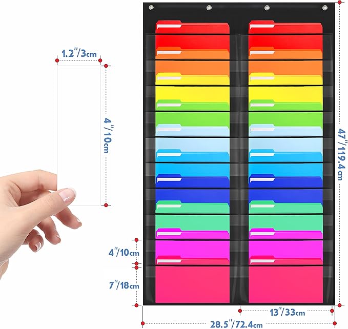 Storage Pocket Chart, Heavy Duty Wall File Organization Folder with 20 Clear File Pockets, 20 Blank Dry-Erase Name Stickers Plus 4 Over Door Hooks for Files, Classroom & Office (Black, 28.5” X 47”)