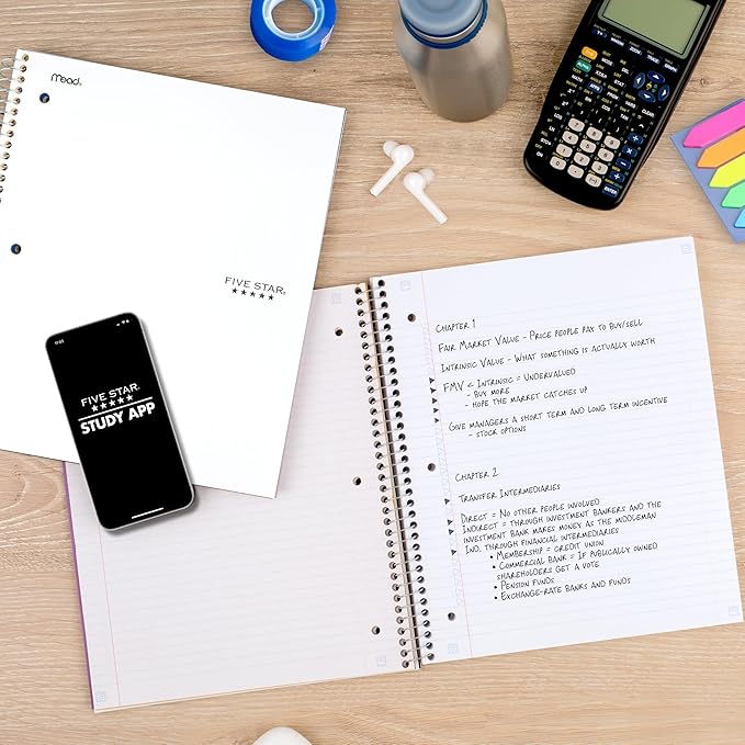 Five Star Spiral Notebook + Study App, 5 Subject, College Ruled Paper, 8-1/2" x 11", 200 Sheets, Fights Ink Bleed, Water Resistant Cover, White (72460)