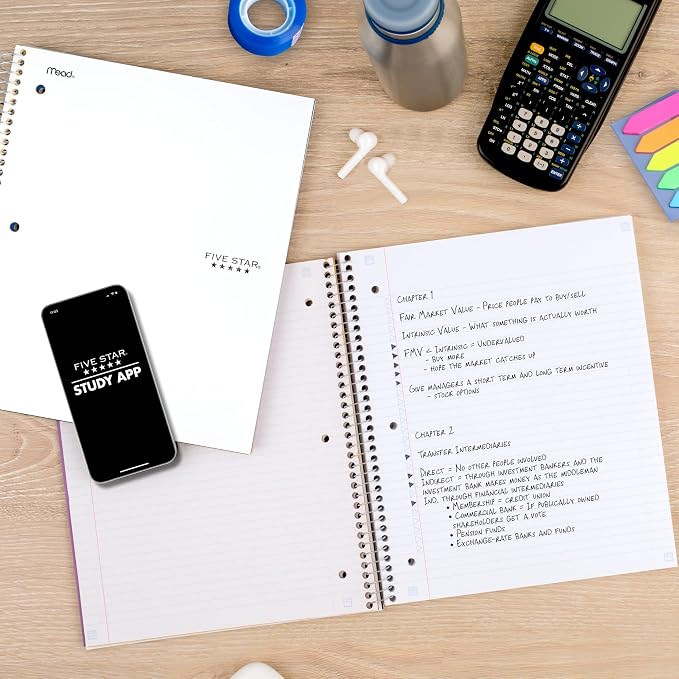 Five Star Spiral Notebook + Study App, 3 Subject, College Ruled Paper, 8-1/2" x 11", 150 Sheets, Fights Ink Bleed, Water Resistant Cover, White (72464)