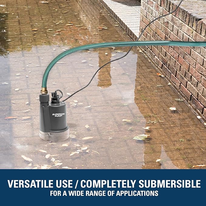 Superior Pump 91250 1800GPH Thermoplastic Submersible Utility Pump with 10-Foot Cord, 1/4 HP