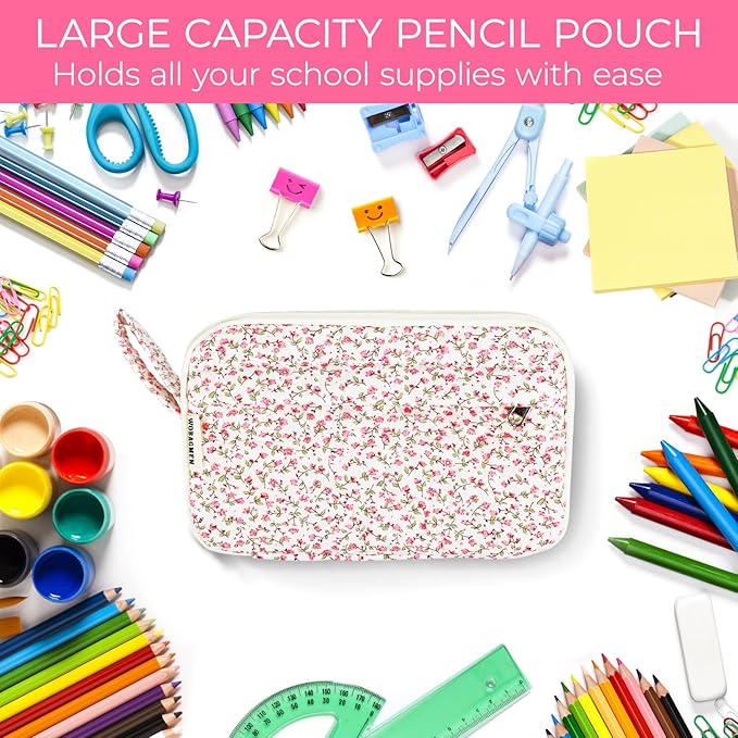 WOBAGMEN Quilted Pencil Pouch for Girls Women, Large Pencil Case Pouch with Compartments Cute Aesthetic Pencil Case Organizer, Floral Pencil Bag for School Supplies (pink floral)