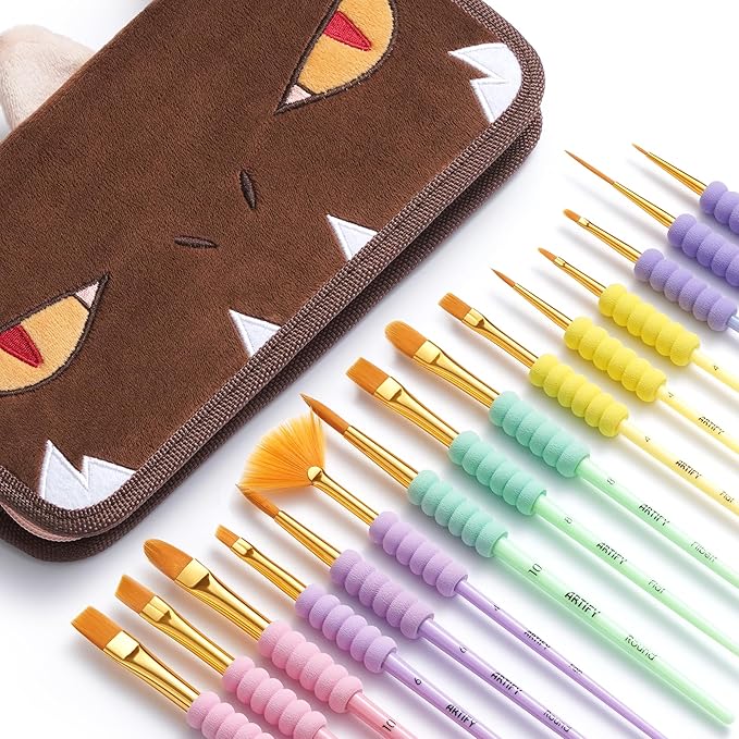 Artify Paint Brushes for Kids, 15-Sizes Paint Brush Set for Kid's Art and Crafts, Cute Dino Bag | Ergonomic Donuts Handle | Kids Paint Brushes for Acrylic, Oil, Watercolor, Gouache, Paint by Numbers