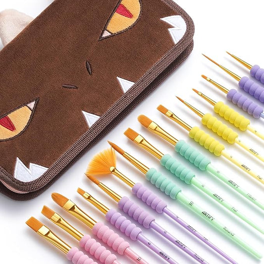 Artify Paint Brushes for Kids, 15-Sizes Paint Brush Set for Kid's Art and Crafts, Cute Dino Bag | Ergonomic Donuts Handle | Kids Paint Brushes for Acrylic, Oil, Watercolor, Gouache, Paint by Numbers