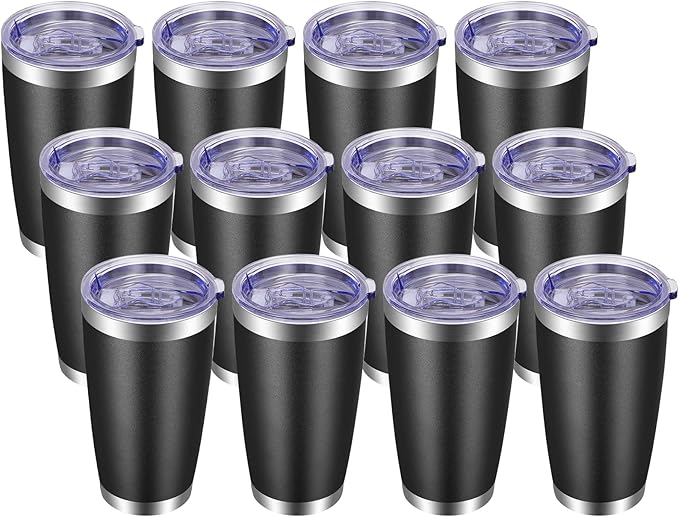 VEGOND 20oz Tumbler with Lid and Straw Stainless Steel Tumbler Cup Bulk Vacuum Insulated Double Wall Travel Coffee Mug Powder Coated Coffee Cup, Black, 12 Pack