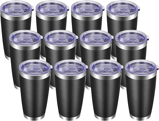 VEGOND 20oz Tumbler with Lid and Straw Stainless Steel Tumbler Cup Bulk Vacuum Insulated Double Wall Travel Coffee Mug Powder Coated Coffee Cup, Black, 12 Pack
