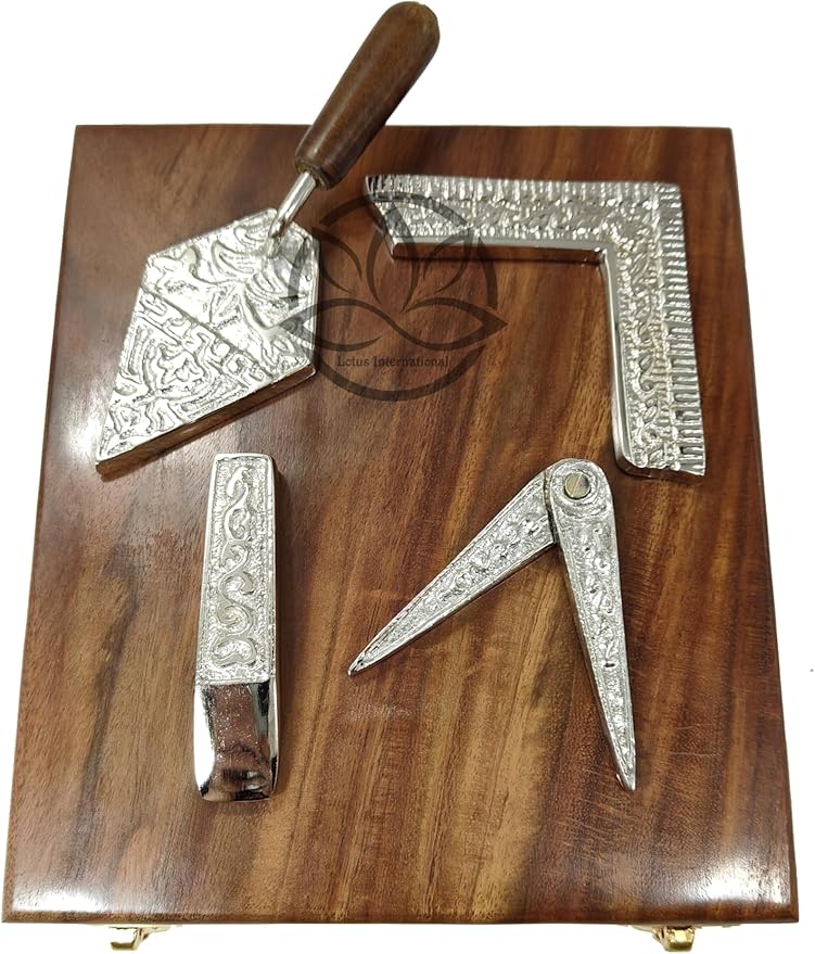 Masonic Toolset Wooden Premium Handcrafted Masonry Tools Trowel Gavel Square Compass and Level Ruler Set with Wooden Box Wooden Gavel and Trowel (Medium)