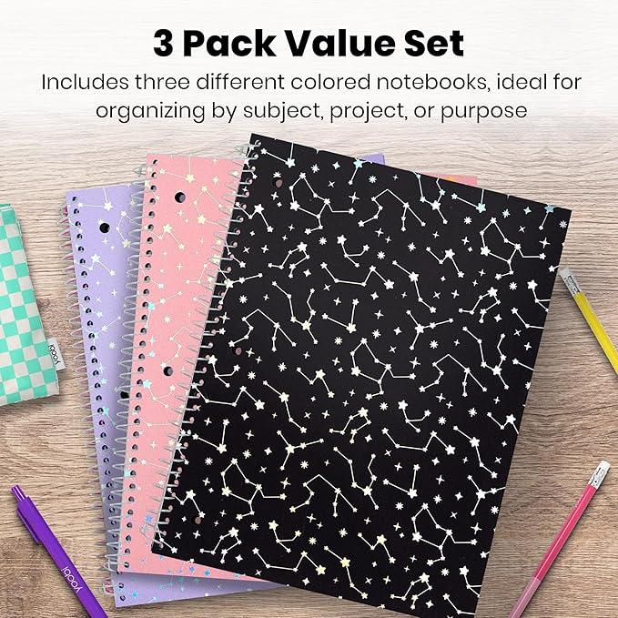Yoobi College Ruled 8 x 10.5” Spiral Notebook Set – 3-Pack of 1 Subject Notebooks, Pink, Purple & Black Celestial Patterns – 150 Perforated 3-Hole Punched Sheets