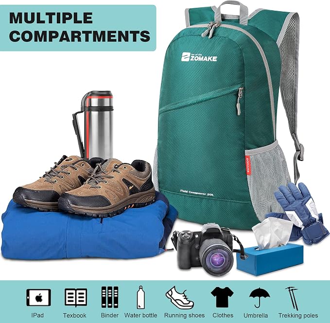 ZOMAKE Lightweight Packable Backpack 20L, Foldable Small Daypack for Hiking | Water Resistant Backpacks Day Bag for Travel Outdoor Camping Sport, Everyday Carry, Multi Compartment Storage(Army Green)