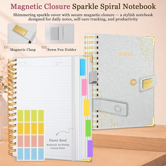 Spiral Notebook Journal 6.2''x 8.2'' 5 Subject Notebook with Dividers, 300 Pages Notebook College Ruled with Magnetic Closure, A5 Tabbed Notebooks for Work School, Sparkle Journal for Women (Silver)
