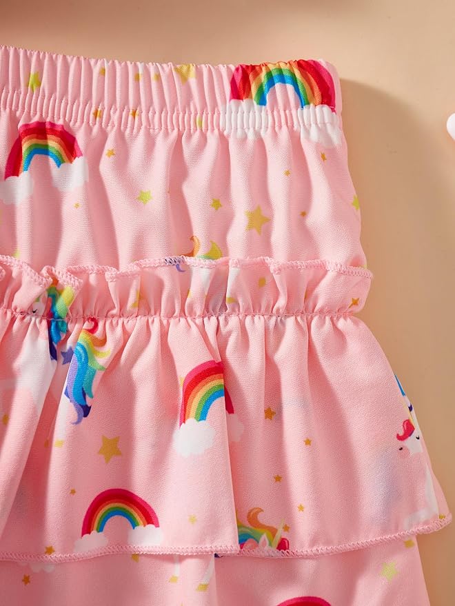 Little Girls Skirt Set - 2 Piece Short Sleeve Top Shirred Tiered Skirt Outfit Girls Spring Summer Clothes 3-8 Years
