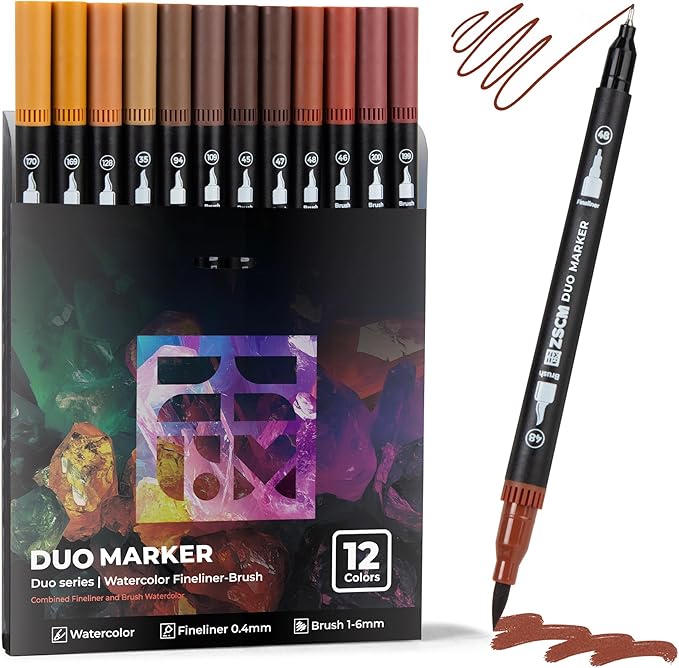 ZSCM Brown Duo Tip Marker Pens, 12 Pack Fine & Brush Markers for Adult Coloring Books No Bleeding, Earth Brown Markers for Wood Texture, Animal Fur, Vintage Effects and Antique Coloring