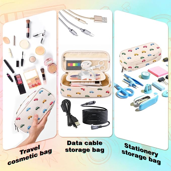 Big Capacity Pencil case,Soft Corduroy Pencil Bag,Cute Pen Case with Handle,5 Compartments, Wide Opening Pen Pouch Organizer for Teen Girls Women (Colorful Car)