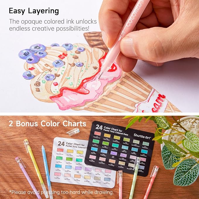 Shuttle Art Colored Pens, 24 Pastel Tone Colors Cute Journal Pens 0.6mm Fine Point Colored Gel Pens for Black Paper Adult Coloring Writing Drawing Journaling Note Taking School Office Home