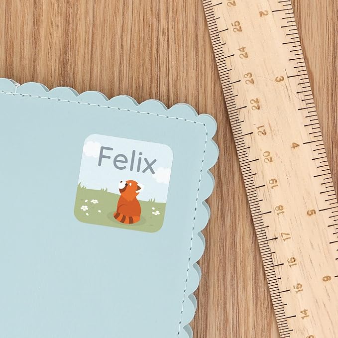 Camp Name Labels for Kids (33) – Custom Waterproof Stickers for Water Bottles, Lunch Boxes, Daycare & School with Unique Designs - Red Panda
