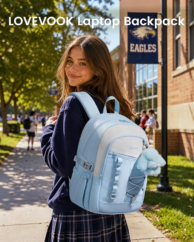 LOVEVOOK School Backpack for Girls, Large Capacity 16 Laptop Backpack with Tumbler Pockets, Multi-Compartment Backpacks with Lucky Bunny Charm, Water-Resistant Travel Backpack, Ice Blue