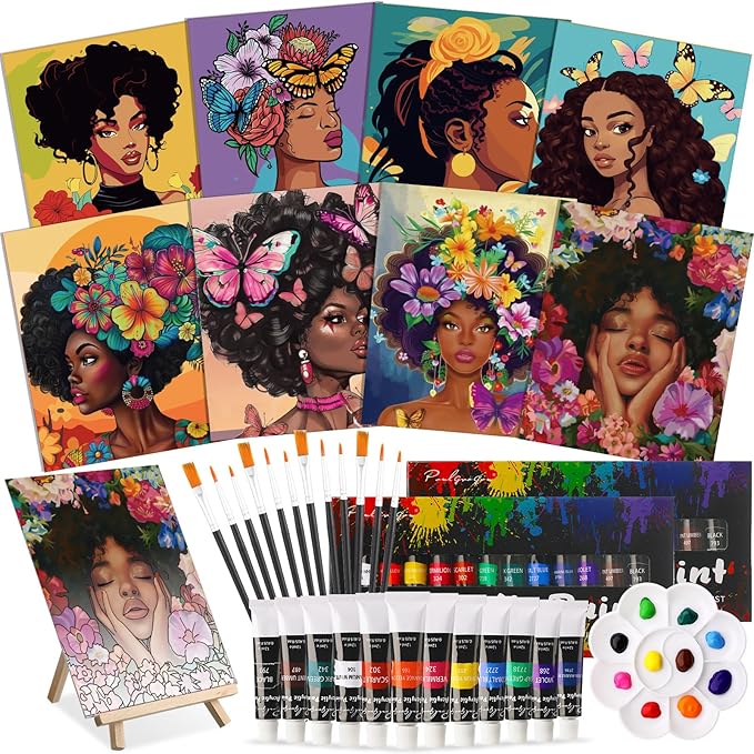 Cholemy 36 Pcs Paint and Sip Kit for Adults 8''x10'' Pre Drawn Canvas for Painting DIY Afro Acrylic Painting Kit Wood Easel Brushes Date Night Bulk for Father's Day Party Gifts(Flowers Woman)