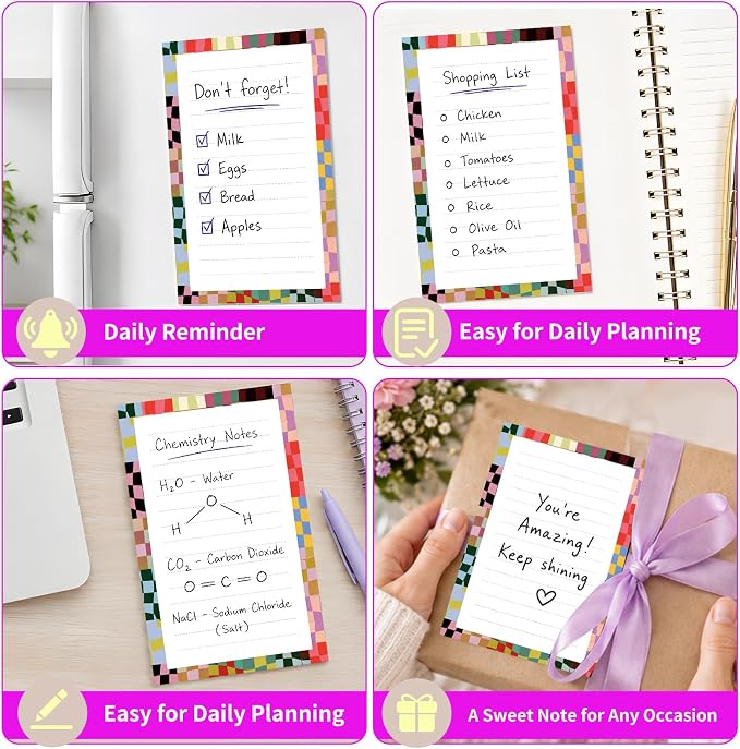Lined Sticky Notes 4x6 in, 2 Pack Large Cute Notepads with Lines Self-Stick Note Pad, Funny Memo Pads Strong Adhesive for Office, Home Colorful Cute Plaid