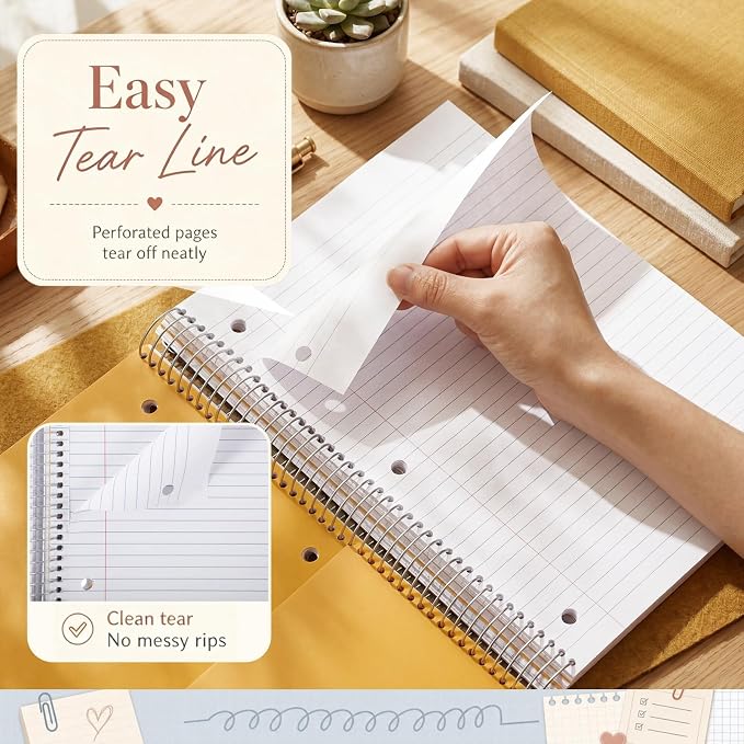 Qilery 6 Pack 5 Subject Notebook College Ruled with Hardcover 200 Sheets Thick Pages 8 x 10.5 Inch Spiral Journal Thick Notebook 3 Hole Assorted Colors Easy Tear Line Office(Taro Color)