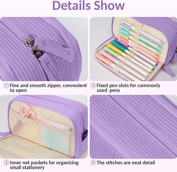 Sooez Big Capacity Pencil Case Pen Pouch, Soft Corduroy Pencil Bag | with 3 Compartment, Multiple Pockets, Sturdy Zipper, Cute School Supplies Pen Bag Organizer For Teen Girls College, Purple