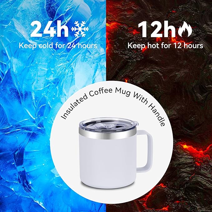 VEGOND 14 oz Insulated Coffee Mug Bulk with Handle, Stainless Steel Travel Coffee Mug with Lid, Double Wall Vacuum Metal Coffee Cup, Coffee Tumbler Powder Coated, White 8 Pack