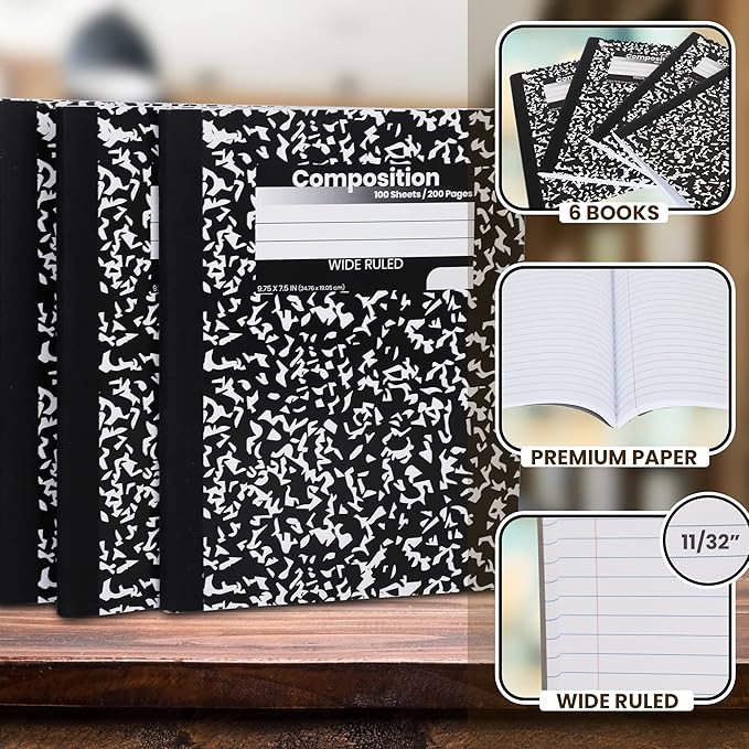 Composition Notebooks, Wide Ruled Paper Writing Journals, Marble Cover Composition Books, 100 Sheets, School Notebooks, School Supply Notebooks Bulk, Student Journal Notebooks Bulk, School & Office