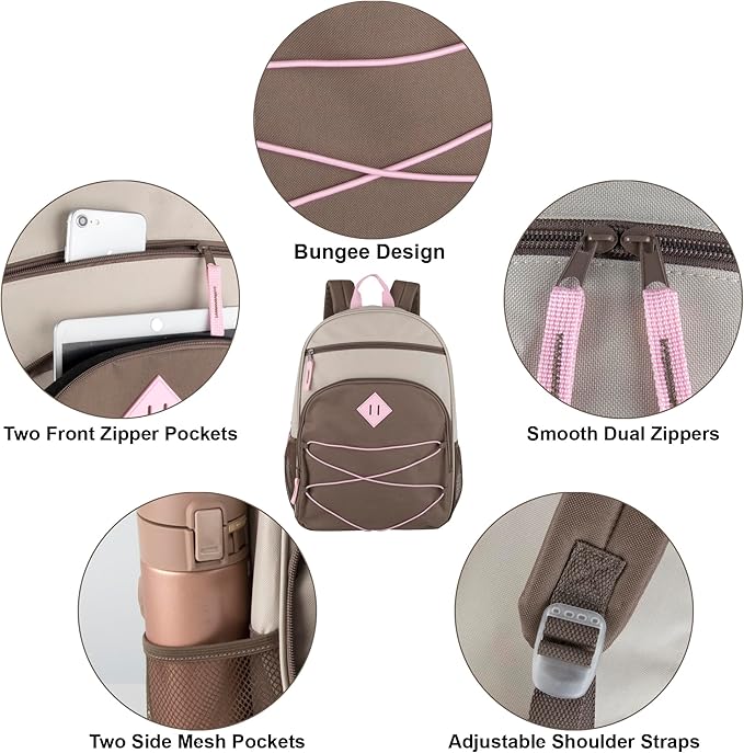 Summit Ridge Boys and Girls School Backpacks with Bungee Cord Front | 17” Multi Pocket Backpack for Kids, Teens, Adults, Travel (Khaki/Brown)