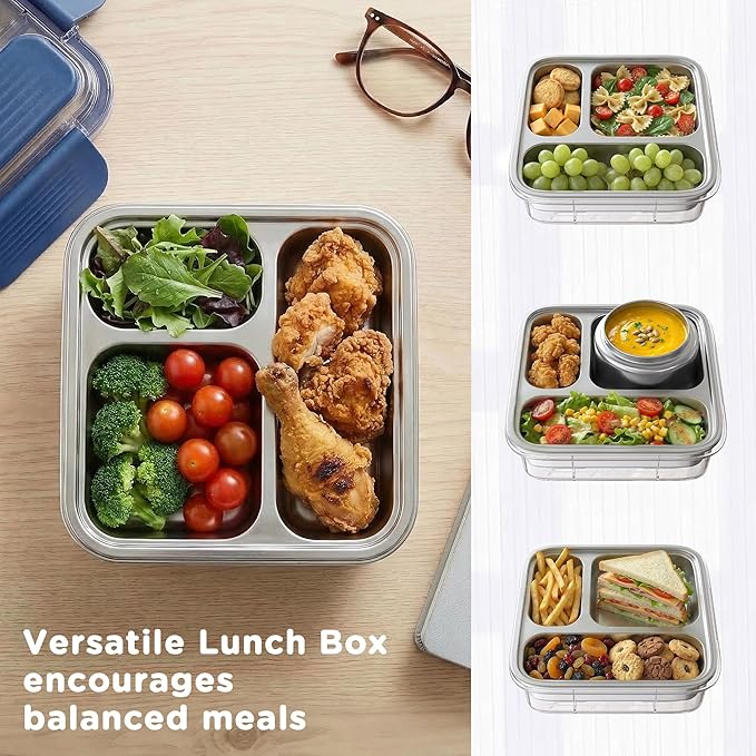Stainless Steel Bento Lunch Box for Kids Adults with 8oz Insulated Food Jar, Leak-proof, Dishwasher-Safe, Transparent Lid with Sauce Cup and Cutlery Storage for School & Travel,BPA-Free(Blue)