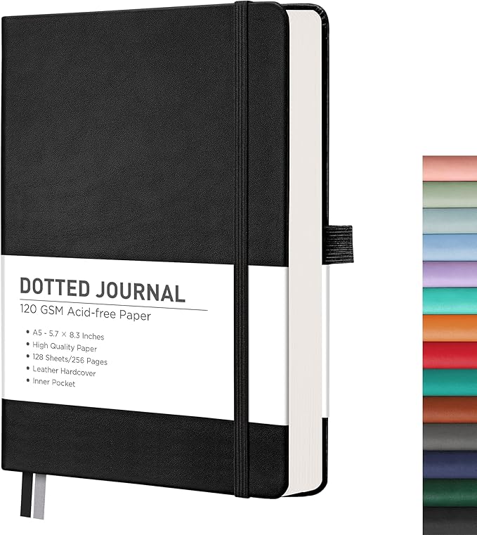 RETTACY Dotted Journal Notebook, 256 Pages, A5 Medium Size (5.7'' × 8.3''), Leather Hardcover, 120 GSM Thick Paper, for Journaling, Planning, Tracking (Black)