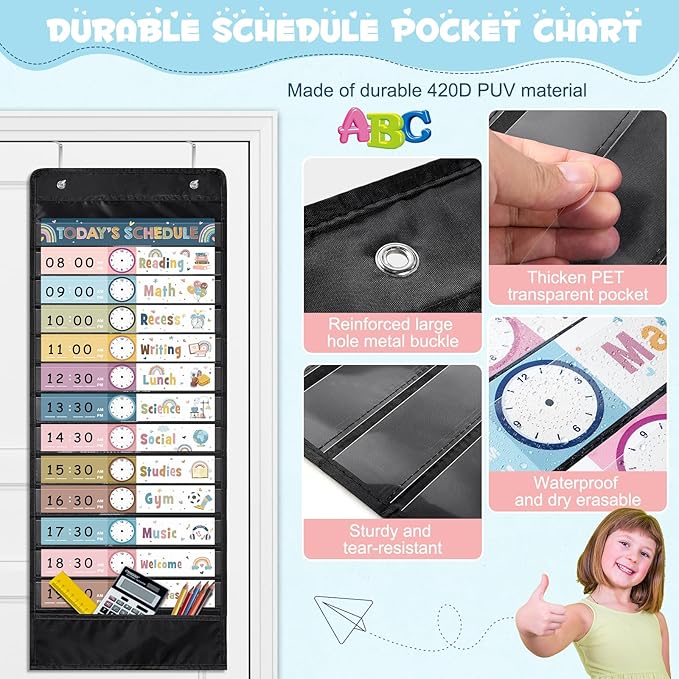Boho Daily Schedule Pocket Chart for Classroom, 13+1 Pockets with 42 Designed Schedule Cards, Black Classroom Kids Daily Schedule Pocket Chart for Home Office Back to School Classroom Decorations