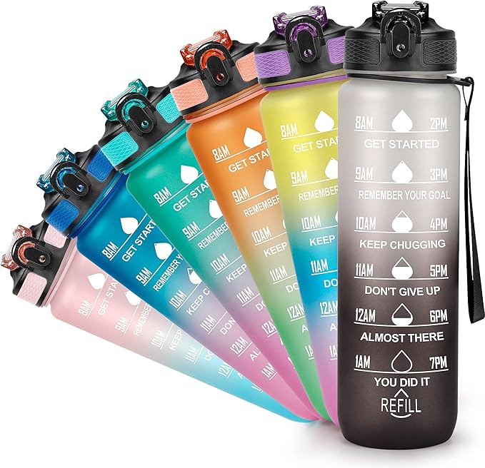 YC Kitchen Motivational Water Bottle with Time Marker - 32oz, Leak-proof BPA Free Sports Water Bottles with Straw & Carrying Strap