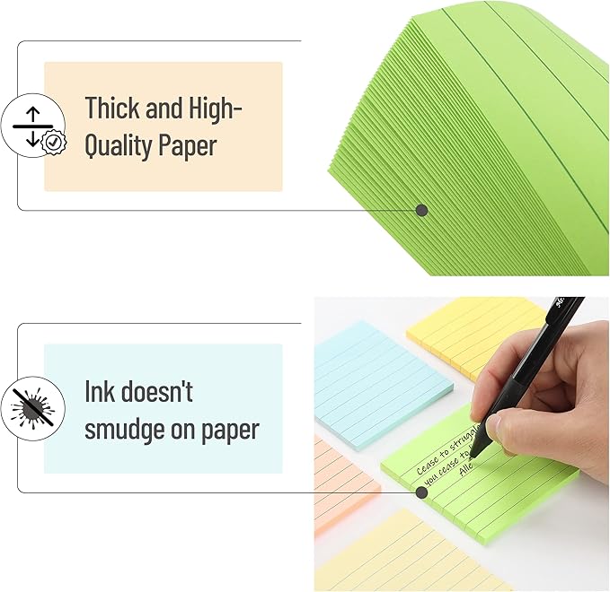 Mr. Pen- Lined Sticky Notes, 3" x 3", 6 Pads, 45 Sheets/Pad, Pastel Color, Sticky Notes with Lines, Ruled Post Stickies, Memo Pads, Self-Stick Note Pad for Office, School, Home, Study & Organization
