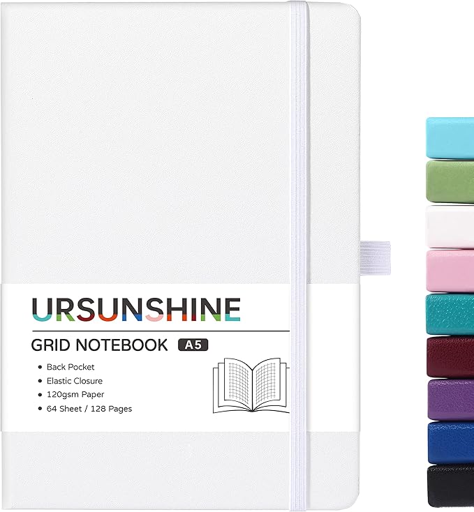 Graph Grid Paper Notebook/Journal - Classic Journal/Notebook with Ribbon Divider, Hardcover with Thick Paper, 5.3" x 8.26", Banded + Pen Holder +Inner Pocket - White