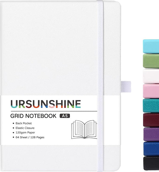 Graph Grid Paper Notebook/Journal - Classic Journal/Notebook with Ribbon Divider, Hardcover with Thick Paper, 5.3" x 8.26", Banded + Pen Holder +Inner Pocket - White